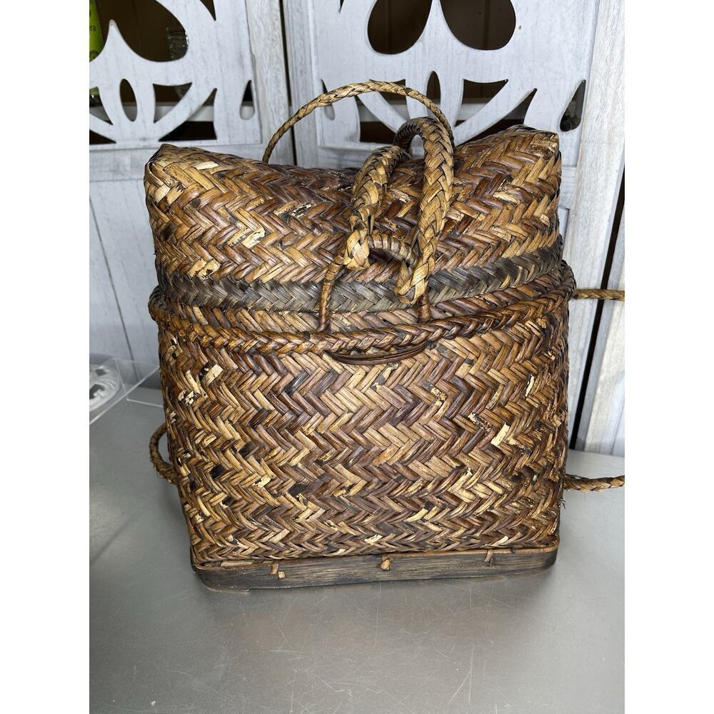 Vintage Filipino Rattan Woven Brown Wicker Wood Gathering Basket Backpack